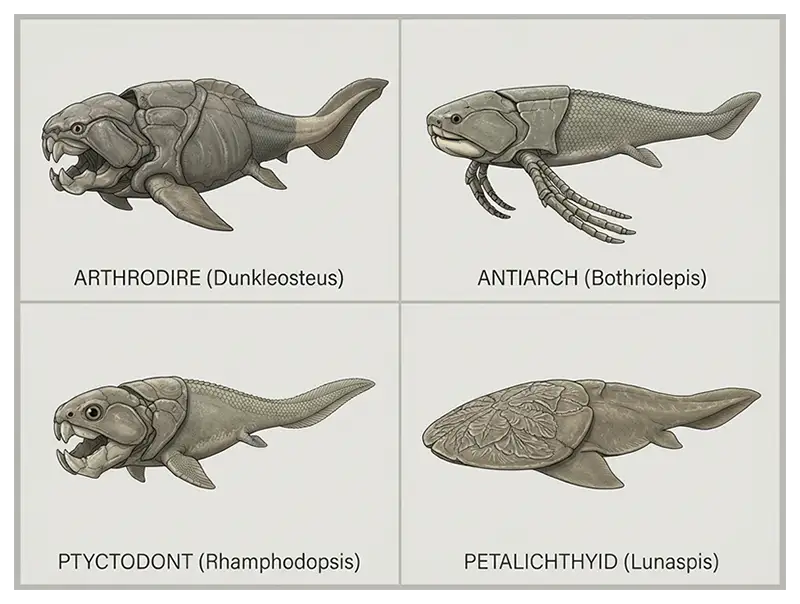 Comparison of different placoderm groups, including arthrodires, antiarchs, ptyctodonts, and flattened petalichthyids.