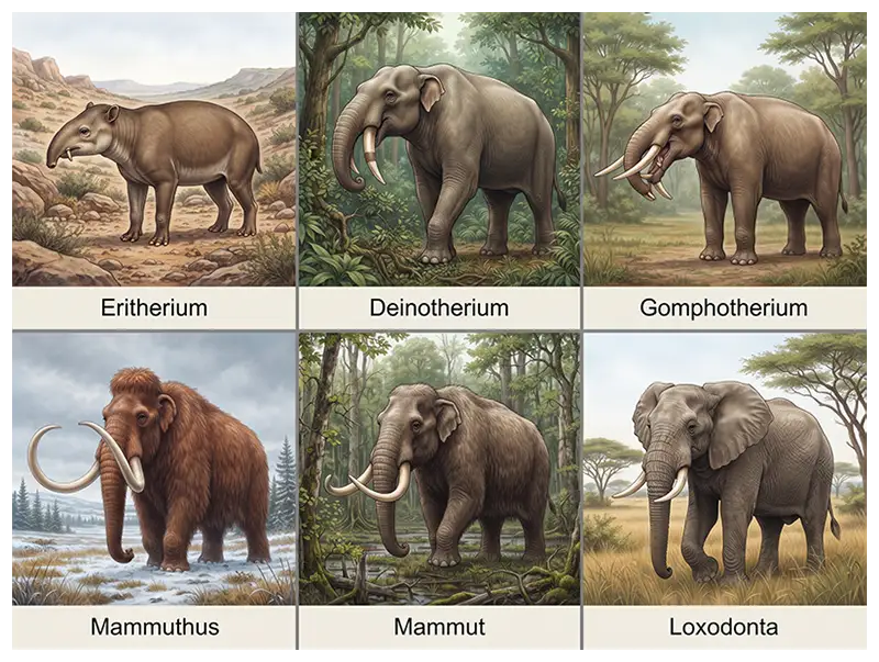 Illustrations of major proboscidean groups, including deinotheres, gomphotheres, mammoths, mastodons, and elephants.
