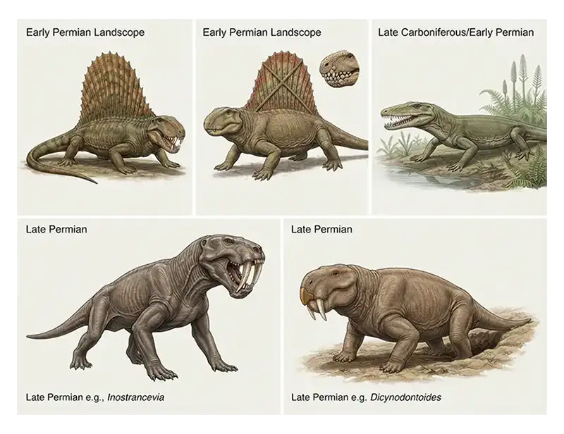Illustration comparing Dimetrodon, Edaphosaurus, Ophiacodon, a gorgonopsian, and a dicynodont.