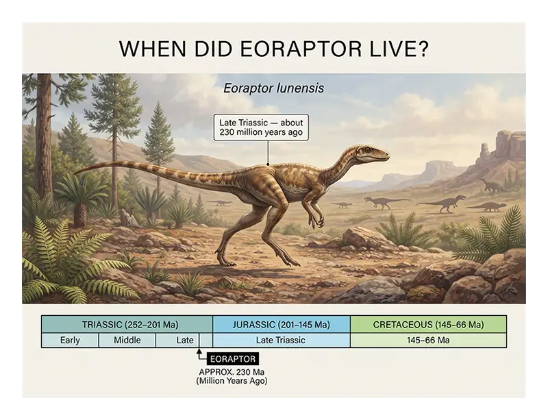 Geological timeline showing Eoraptor living approximately 230 million years ago during the Late Triassic Period.