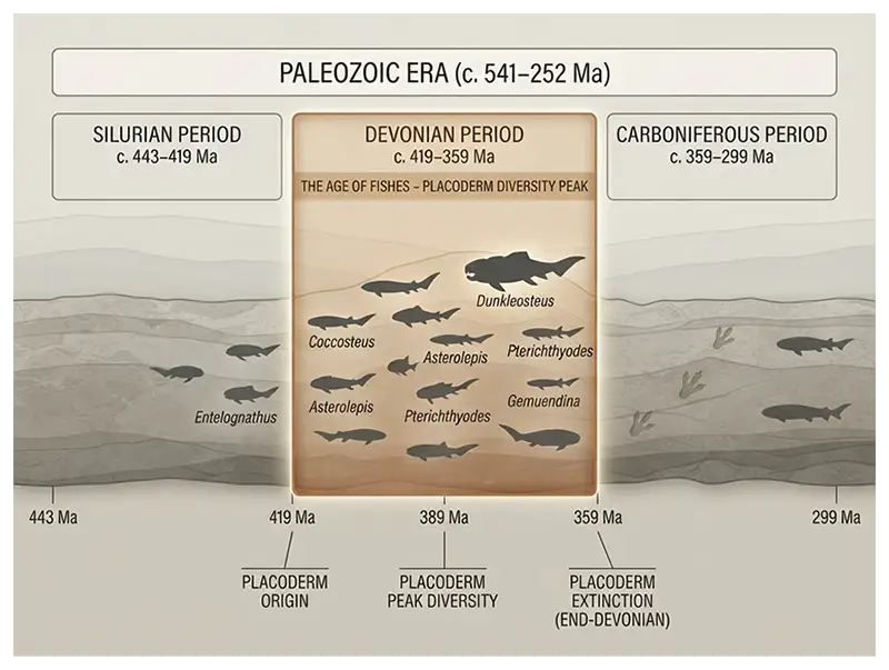 Geological timeline showing placoderms appearing by the Silurian, diversifying during the Devonian, and disappearing by the end of the Devonian.