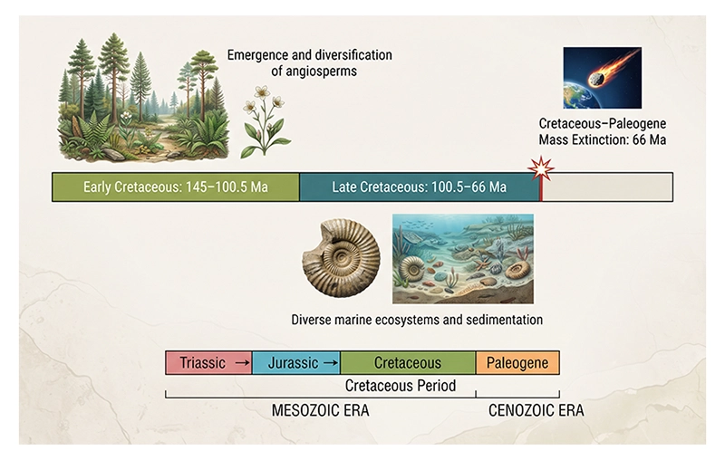 Cretaceous Period timeline showing ancient chalk deposits and an ammonite fossil