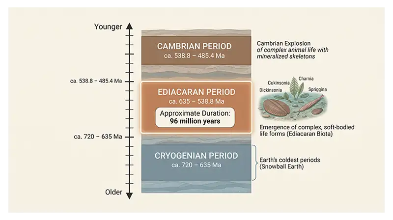 Geological timeline showing the Ediacaran Period between the Cryogenian and Cambrian periods.