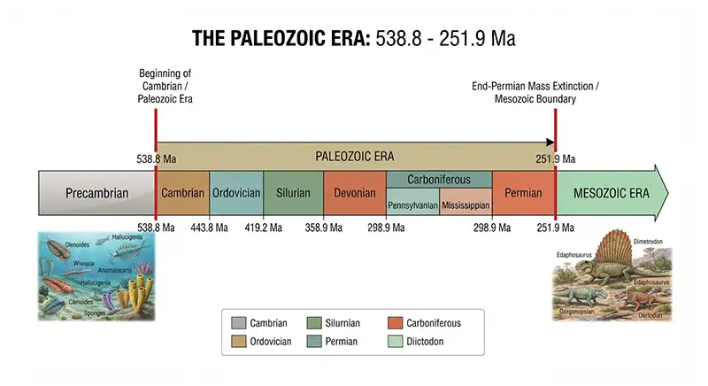 Geological timeline showing the beginning and end of the Paleozoic Era