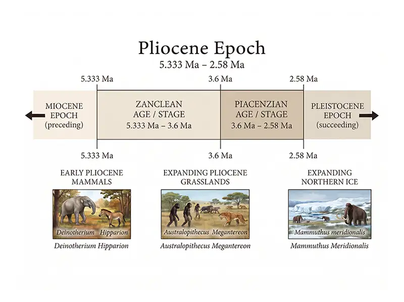 Pliocene geological timeline showing the Zanclean and Piacenzian stages between the Miocene and Pleistocene.