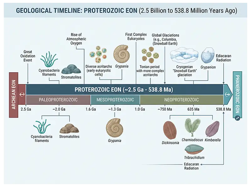 Proterozoic geological timeline showing its dates, three subdivisions, and position between the Archean and Phanerozoic.