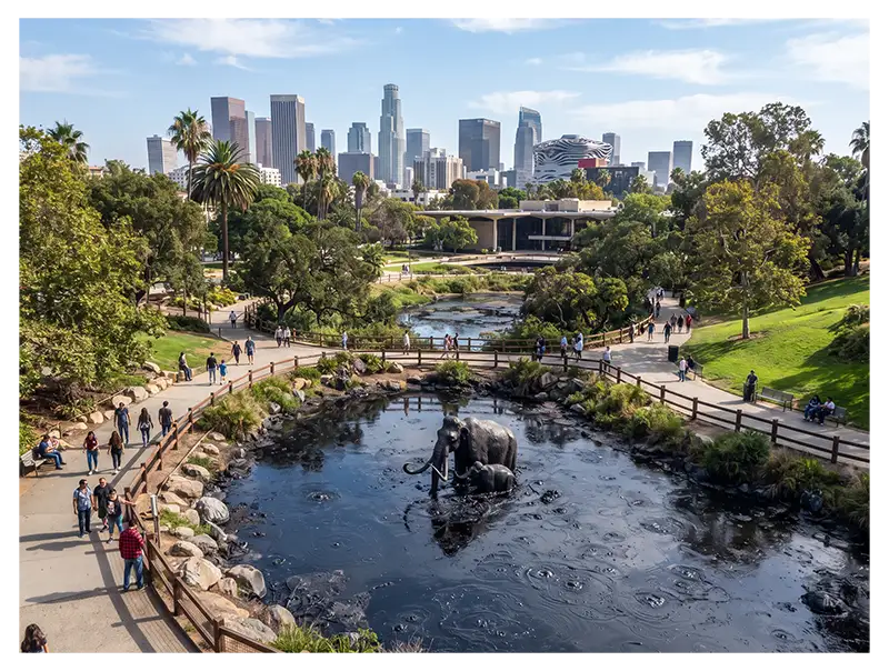 La Brea Tar Pits in Hancock Park, Los Angeles, California, surrounded by an urban park environment.