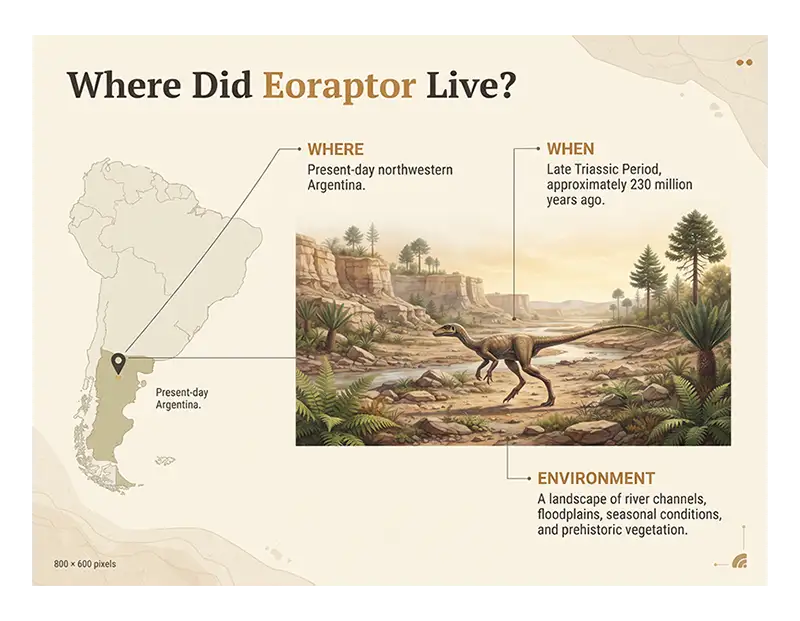 Reconstruction of Eoraptor in a Late Triassic floodplain environment in what is now northwestern Argentina.