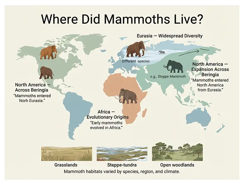 Infographic map showing mammoths’ evolutionary origins in Africa, spread across Eurasia and North America, and habitats including grasslands, steppe-tundra, and open woodlands.