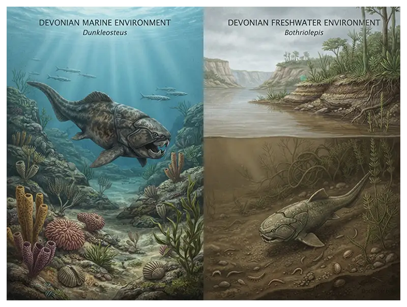Reconstruction of Devonian aquatic habitats showing a shallow marine environment and a freshwater setting occupied by different placoderms.