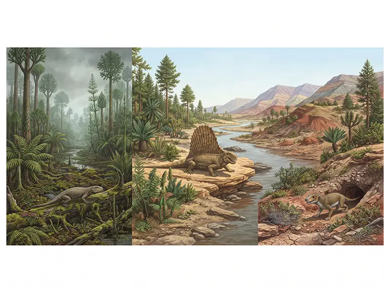 Illustration of Carboniferous wetlands, Permian terrestrial environments, and Triassic habitats occupied by different synapsids.