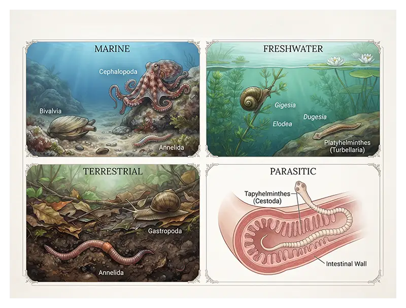 Infographic showing lophotrochozoans in marine, freshwater, terrestrial, and parasitic environments.