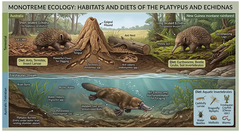 Platypus in freshwater and echidnas on land showing their habitats and food sources
