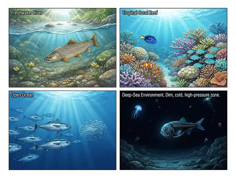 Illustration of teleost fishes living in freshwater rivers, coral reefs, the open ocean, and deep-sea environments.