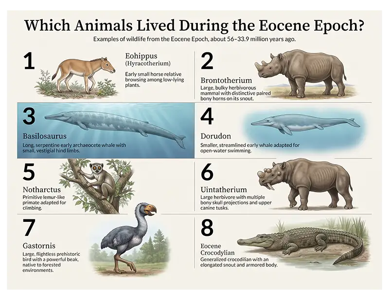 Infographic identifying Eocene animals, including early horses, primates, whales, and large herbivorous mammals.