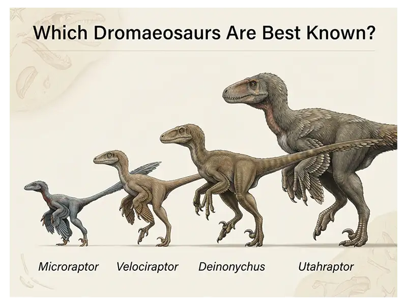 Velociraptor, Deinonychus, Utahraptor, and Microraptor compared by size and appearance