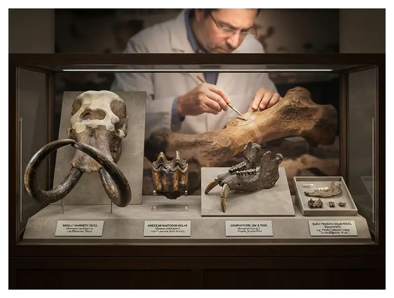 Proboscidean fossil discoveries featuring mammoth bones, tusks, molars, and a reconstructed skeleton.