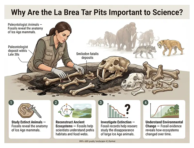 Infographic showing paleontologists studying La Brea fossils to understand extinct animals, ancient ecosystems, and environmental change.
