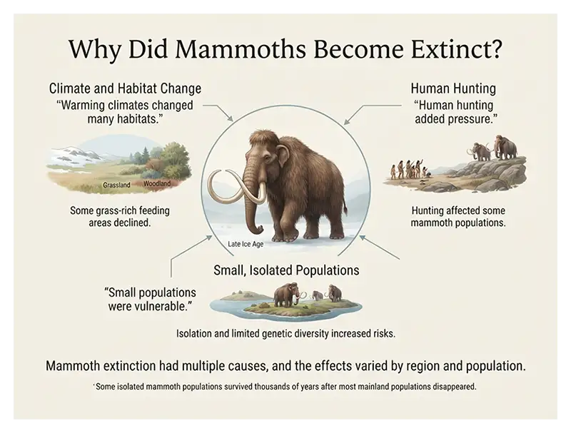 Infographic showing climate and habitat change, human hunting, and vulnerable isolated populations as contributing factors in mammoth extinction.
