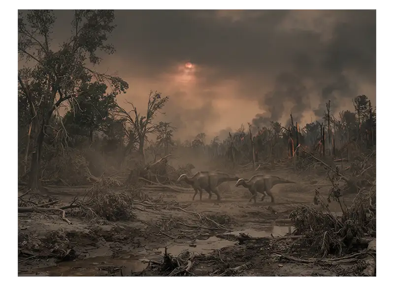 Disturbed Cretaceous landscape illustrating environmental disruption during the end-Cretaceous extinction.