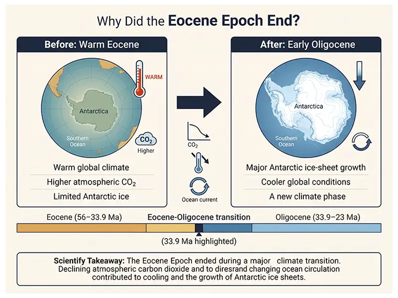 Infographic comparing the warm Eocene climate with Antarctic ice-sheet growth during the transition to the Oligocene.