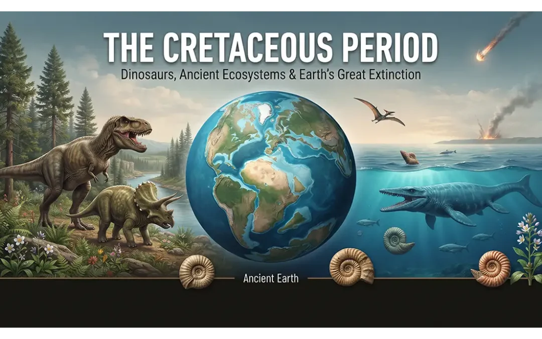 Cretaceous Period landscape featuring dinosaurs and ancient vegetation