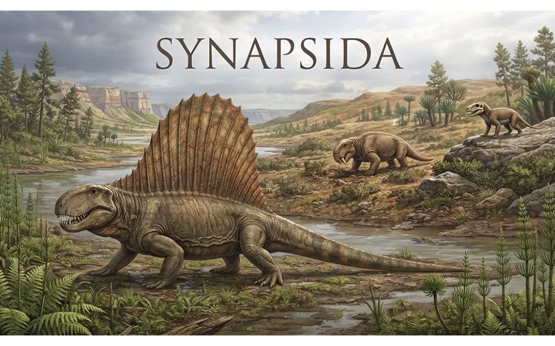 Illustration of synapsid evolution featuring Dimetrodon, a dicynodont, and a cynodont representing different stages in mammalian ancestry.