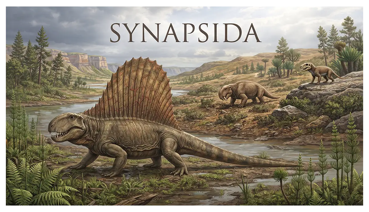 Illustration of synapsid evolution featuring Dimetrodon, a dicynodont, and a cynodont representing different stages in mammalian ancestry.